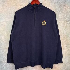VTG 90s Ralph Lauren Cookie Crest Sweater Sz M Q ZIp Navy Blue Womans